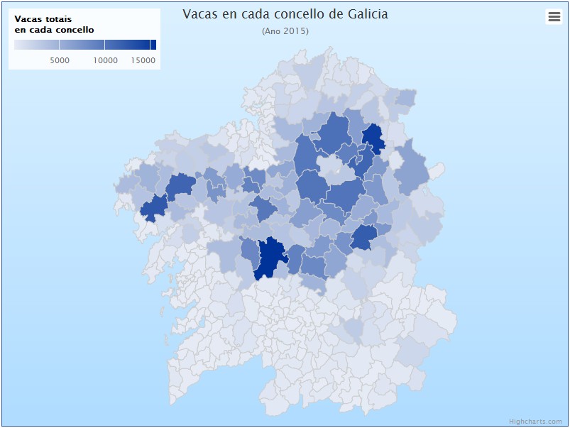 Distribución das vacas en Galicia no 2015