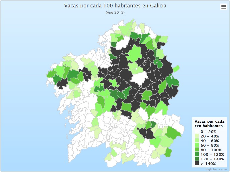 Vacas en Galicia por cada 100 habitantes