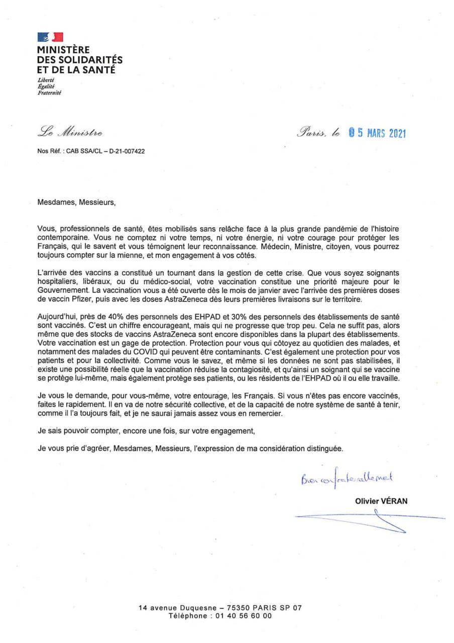 Carta del Ministro de Salud francés a los sanitarios