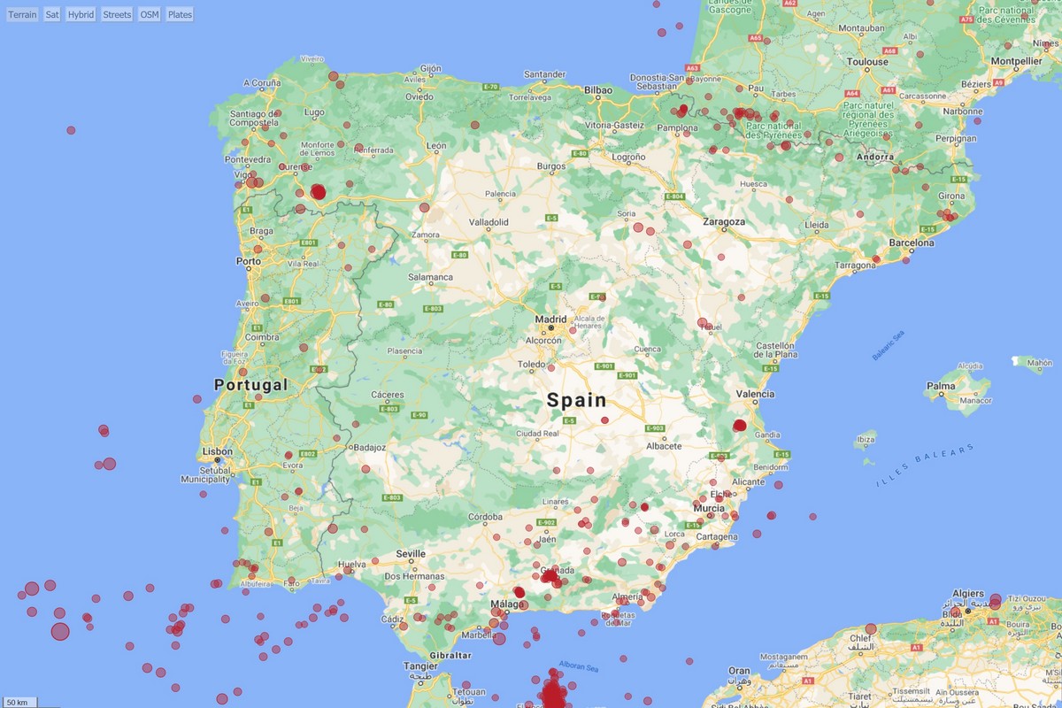 Mapa de terremotos de la Península Ibérica y Canarias